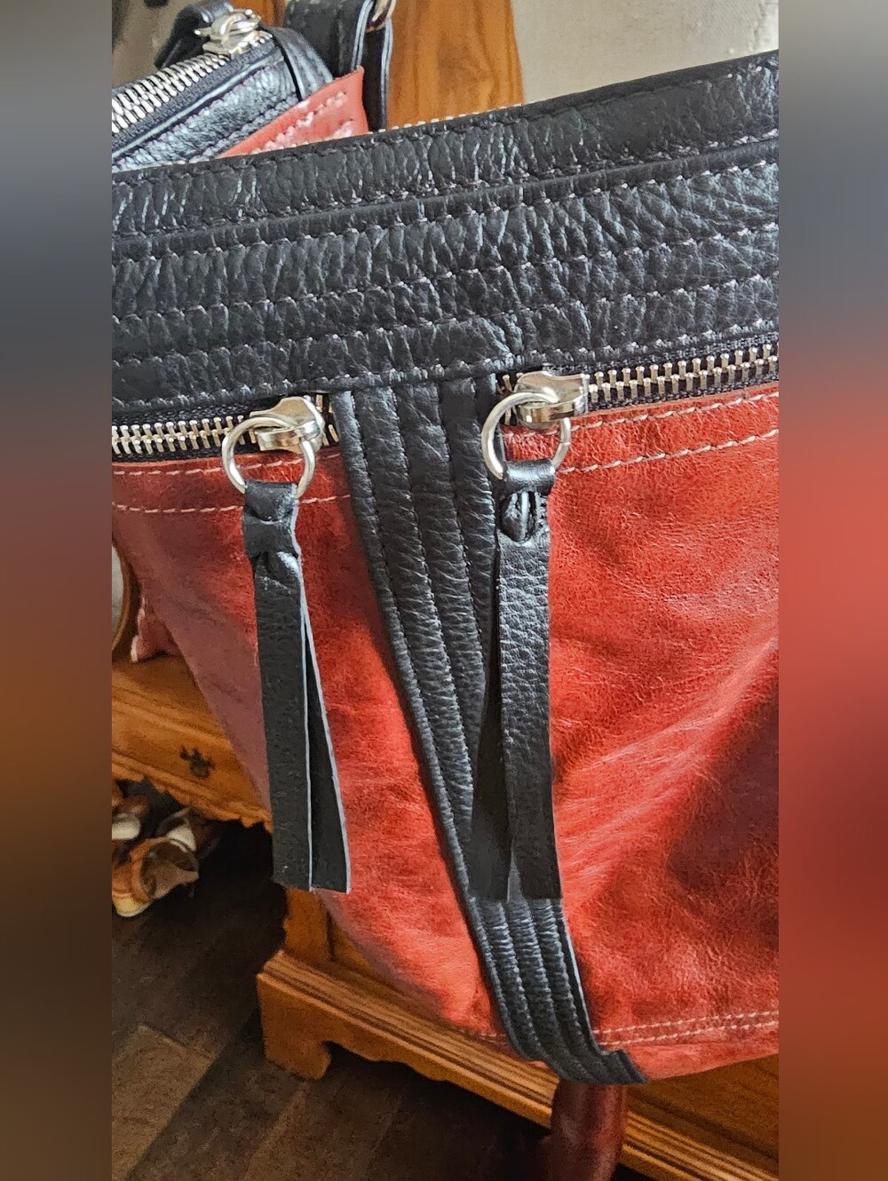 Rough And Tumble Leather Bucket Shoulder Bag in Burgundy and Black - Picture 2 of 15